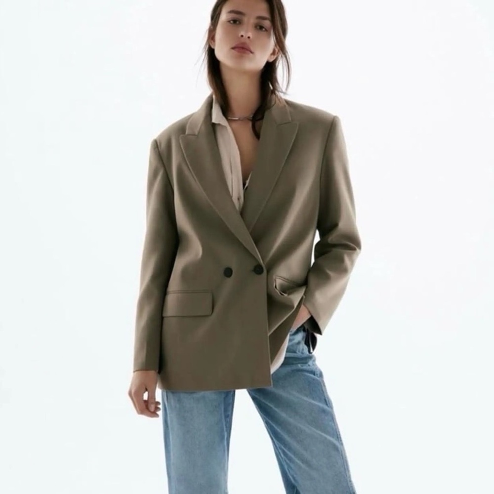 Zara Olive Green Double-Breasted Relaxed Blazer